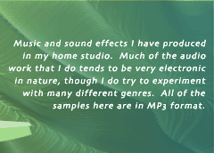 Music and sound effects I have produced in my home studio.  Much of the audio work that I do tends to be very electronic in nature, though I do try to experiment with many different genres.  All of the samples are in MP3 format.